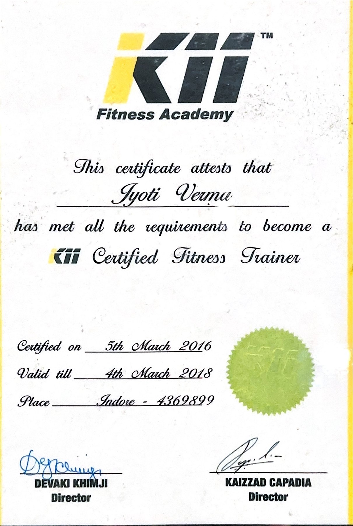 K11 Fitness Academy certificate for Jyoti Verma