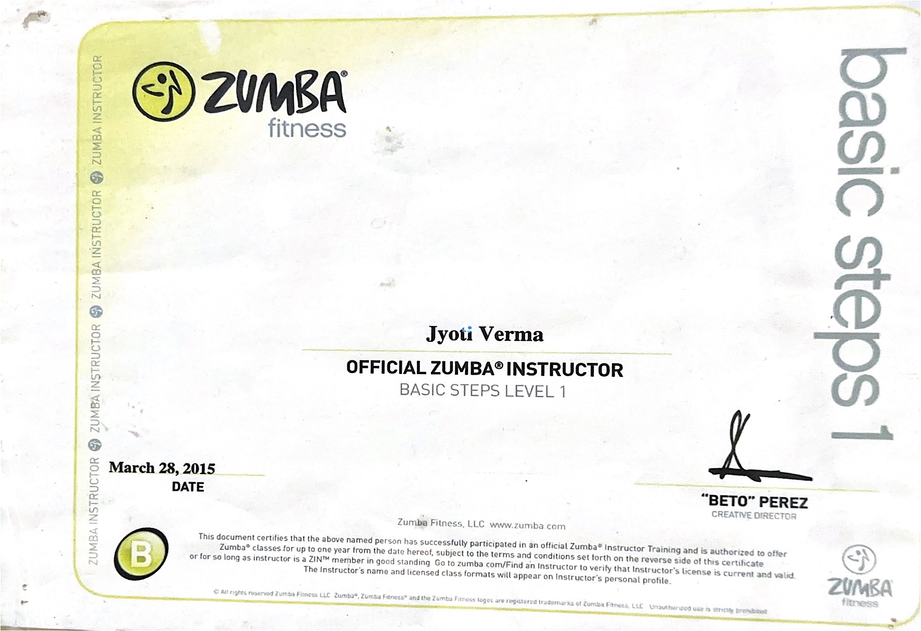 Zumba Fitness official instructor certificate for Jyoti Verma